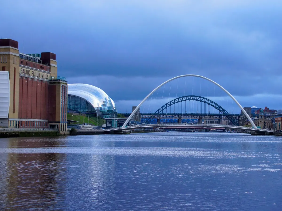 The Baltic Flour Mills, Sage Gateshead and the Gateshead Millennium Bridge on the Newcastle quayside