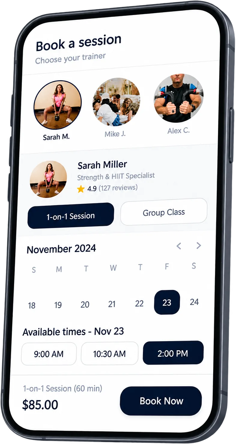 Branded JustSell booking app on a phone, showing trainer selection, a November calendar, available appointment times and a Book Now button