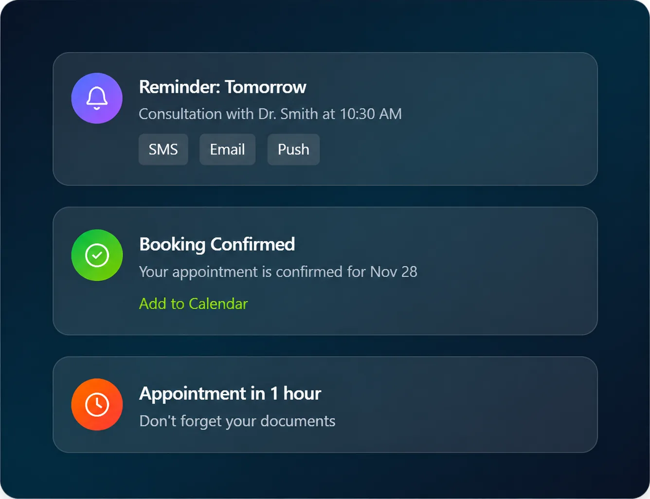 Automated JustSell appointment notifications: a reminder for tomorrow sent by SMS, email and push, a booking confirmation with an add-to-calendar link, and a one-hour-to-go alert