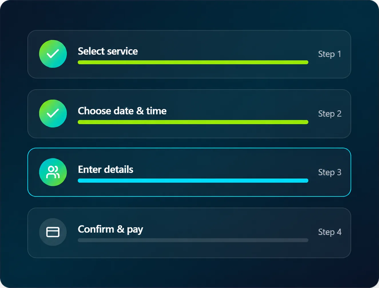 Four-step JustSell online booking flow: select service, choose date and time, enter details, then confirm and pay