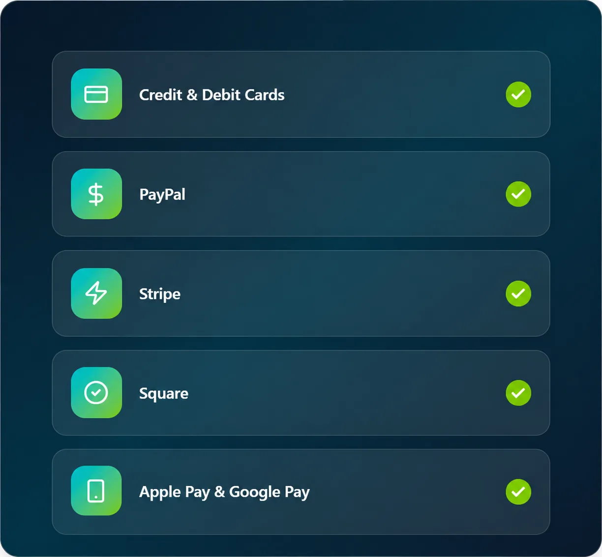 Payment gateways supported by JustSell appointments: credit and debit cards, PayPal, Stripe, Square, and Apple Pay and Google Pay