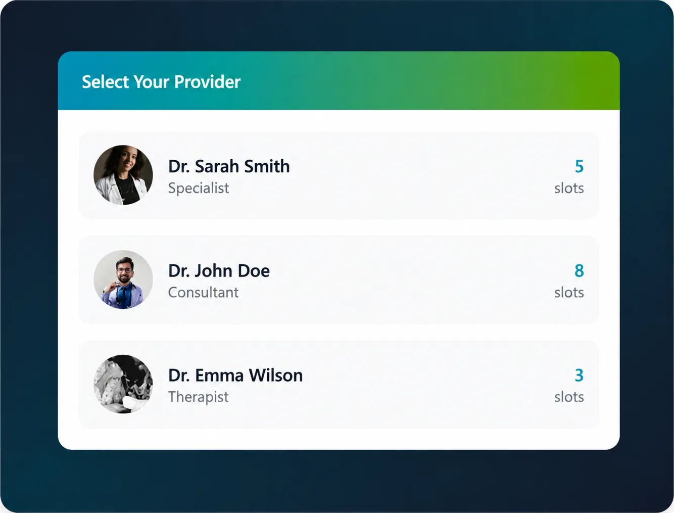 JustSell provider picker showing three staff members with their job titles and the number of appointment slots each has available