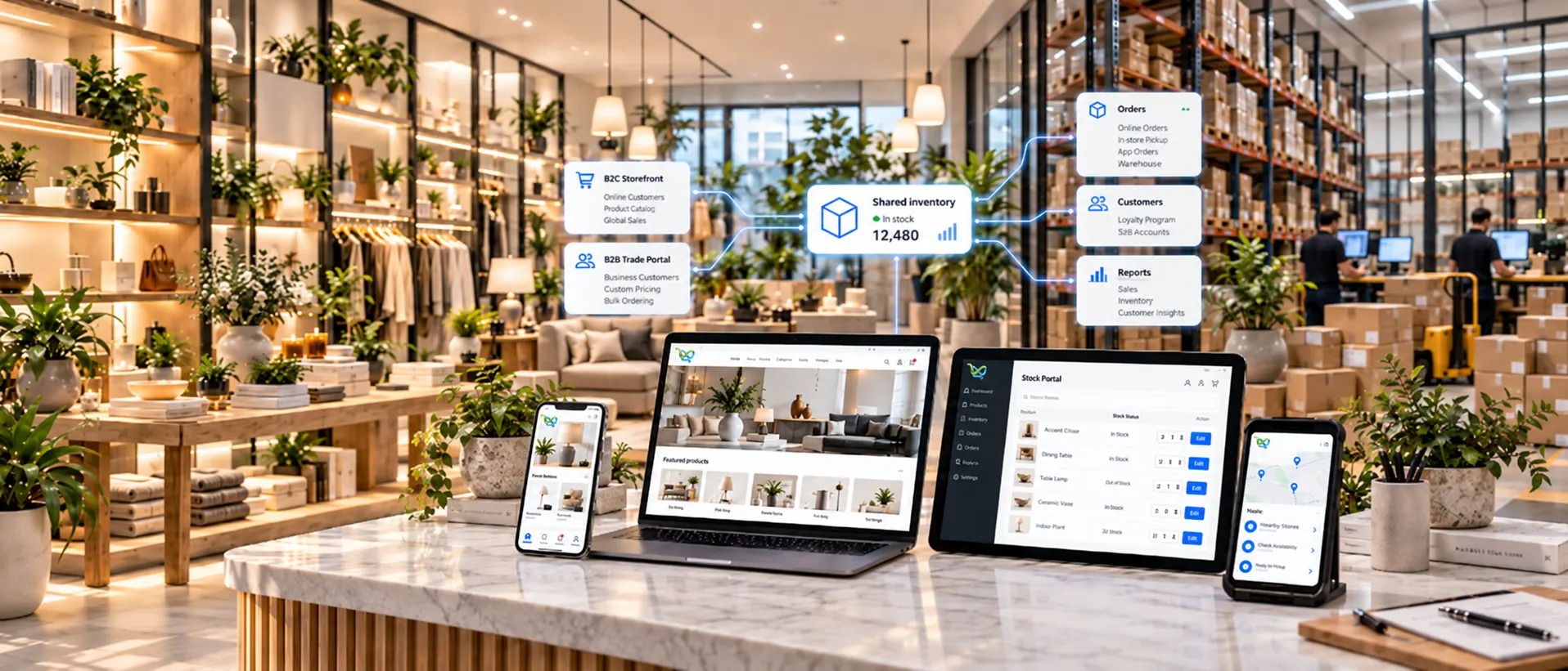 A JustSell consumer storefront on a laptop and phone beside a trade stock portal on a tablet, with panels showing a B2C storefront and a B2B trade portal both drawing on one shared inventory, in a homeware showroom that opens onto the warehouse behind
