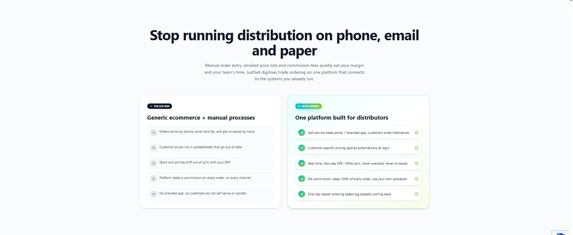 Generic ecommerce with manual processes compared against one platform built for distributors