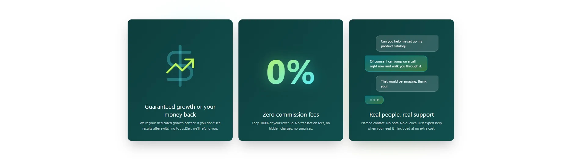 Three JustSell promises: guaranteed growth or your money back, zero commission fees, and real people for support
