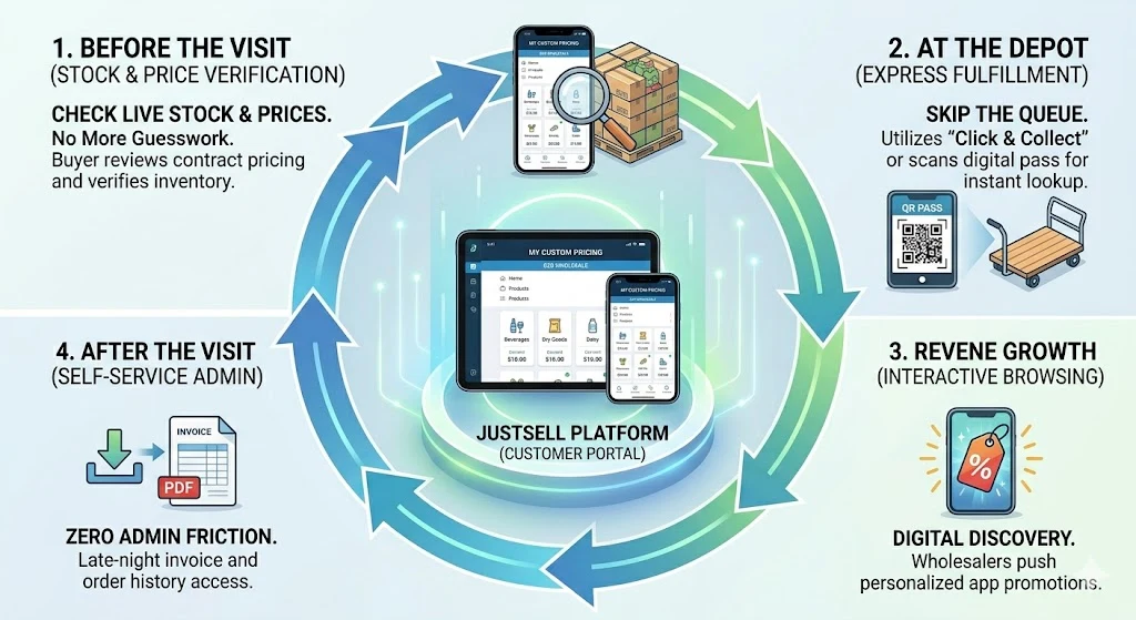 A four-stage cycle around the customer portal: before the visit, at the depot, digital discovery, then self-service admin