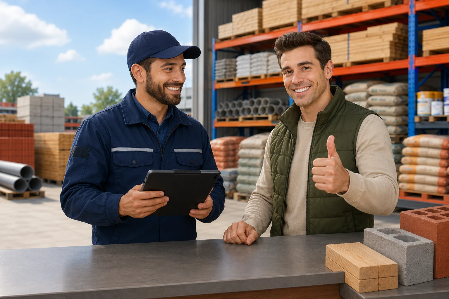 A trade customer giving a thumbs up at a builders merchant counter as his order is placed