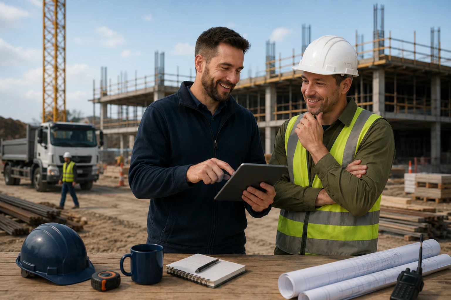 A merchant and a contractor checking an order on a tablet on a construction site