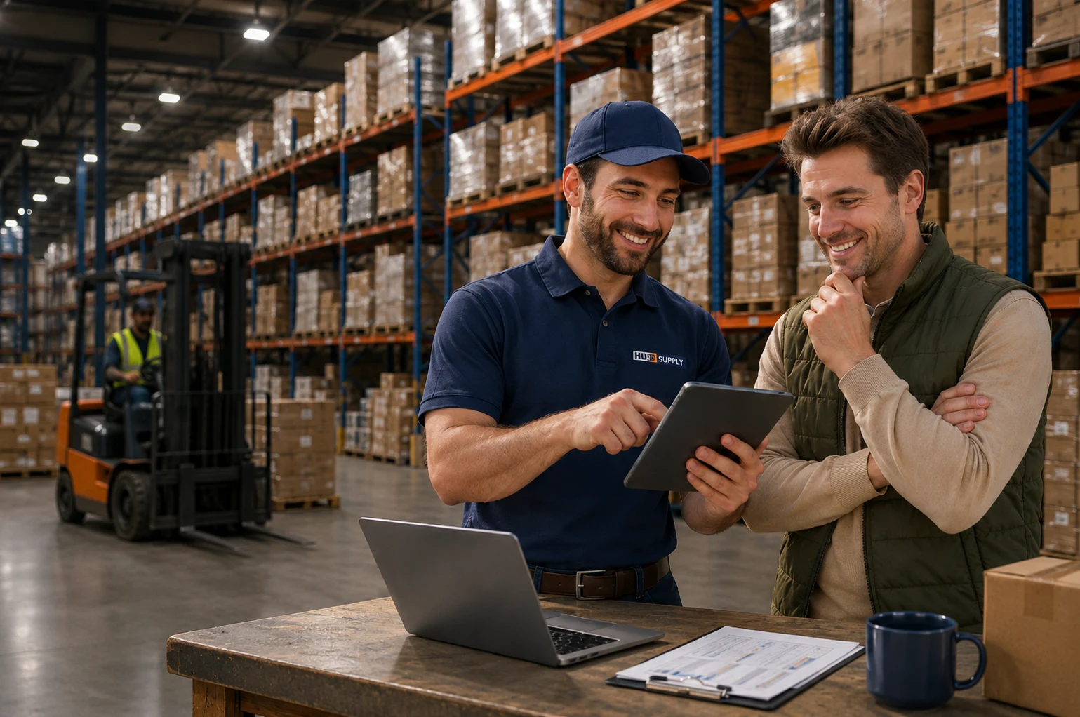 A supplier and a trade customer reviewing an order on a tablet in a building materials warehouse