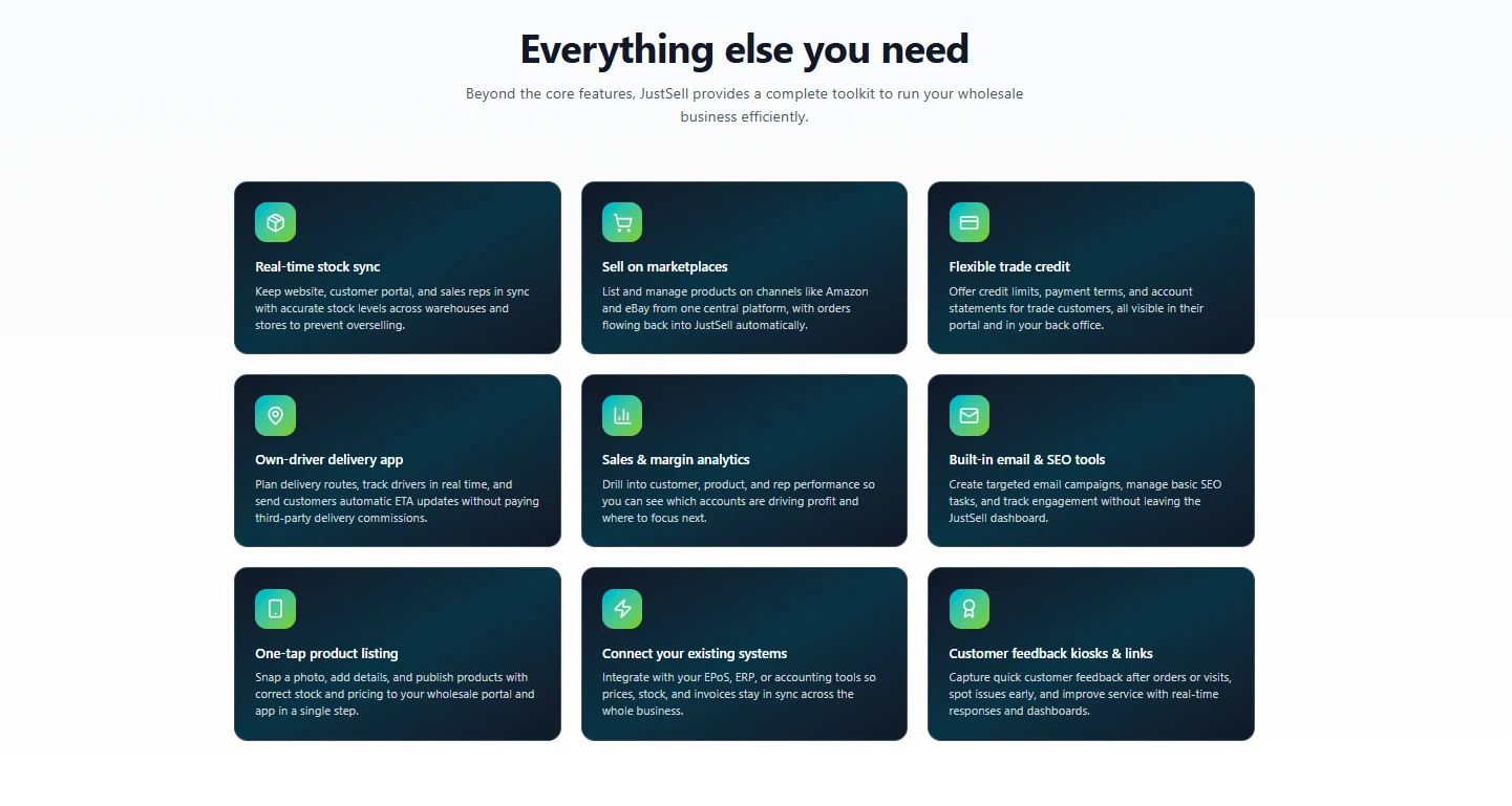 Further JustSell features including real-time stock sync, marketplace selling, trade credit and sales analytics