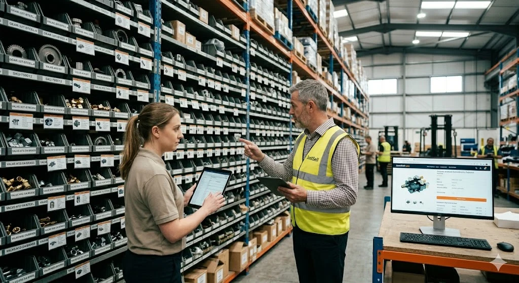 A supplier and a buyer checking a tablet in an aisle of engineering parts bins
