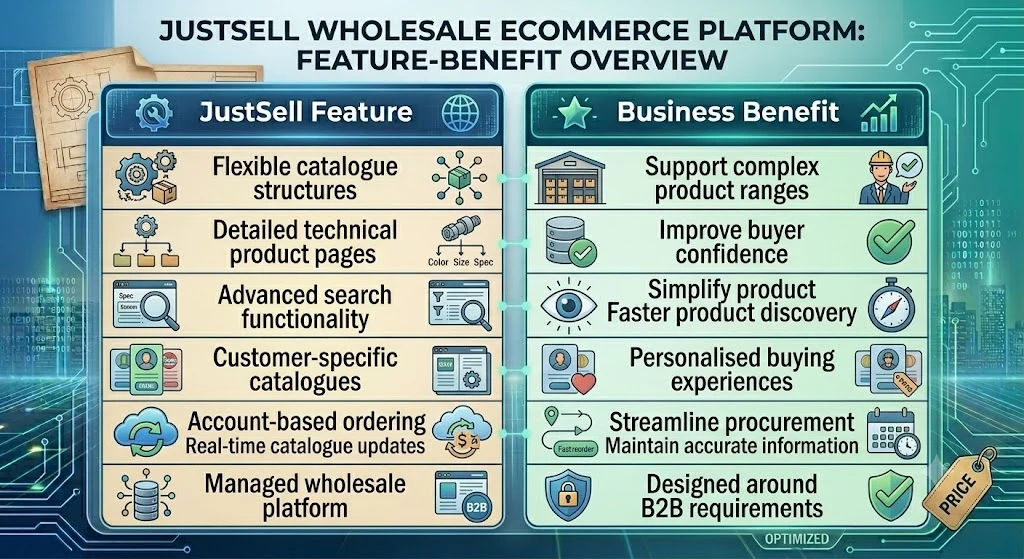 Six JustSell catalogue features and the business benefit of each, from flexible structures to a managed platform