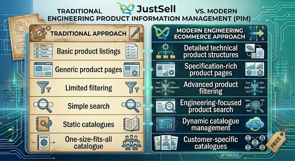 Traditional engineering product information management set against a modern, specification-rich ecommerce approach