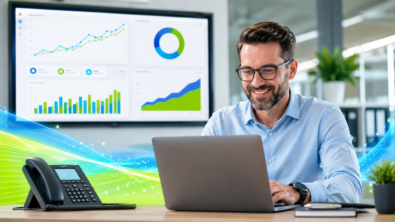 A wholesaler working at a laptop with sales and order dashboards on the screen behind him