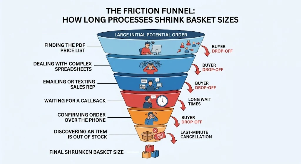 A funnel showing how each step, from PDF price lists to callbacks, shrinks the final basket size
