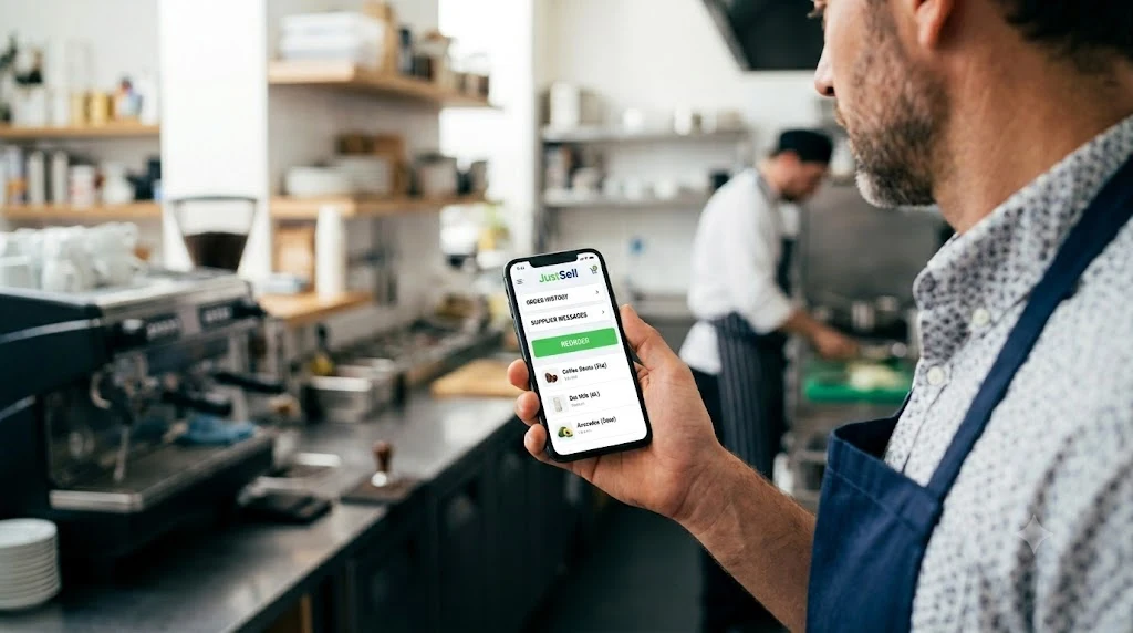 A chef placing a wholesale order on the JustSell app from behind a cafe counter