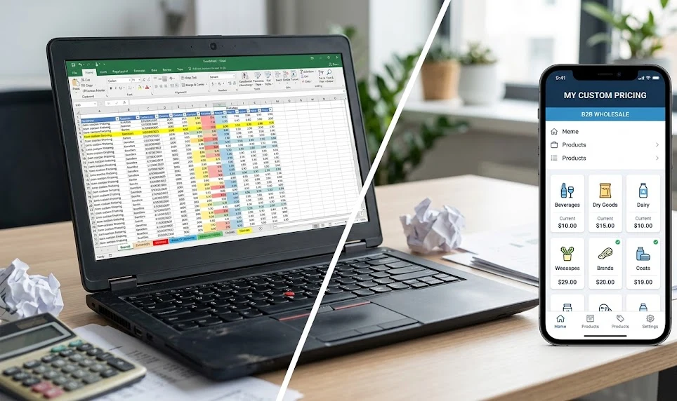 A crowded pricing spreadsheet on a laptop beside a phone showing clean custom wholesale pricing