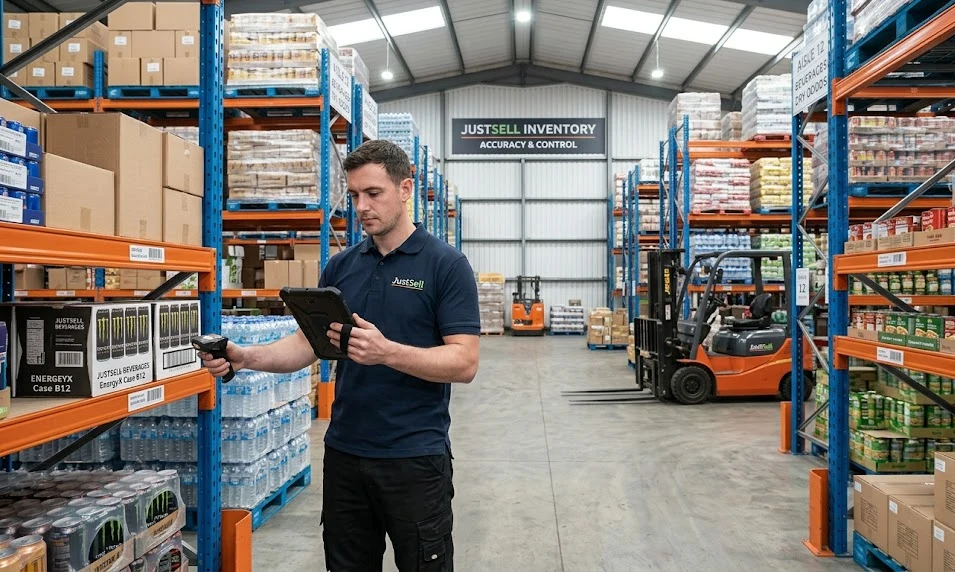 A warehouse worker scanning stock with a tablet beneath a JustSell inventory accuracy sign