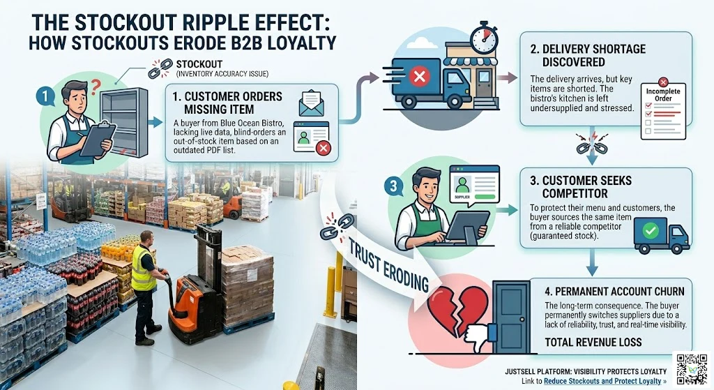 How one stockout ripples outward, from a missing item and short delivery to permanent account churn