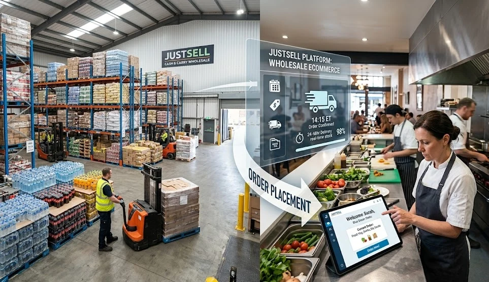 A cash and carry warehouse linked by an order placement arrow to a chef ordering on a tablet