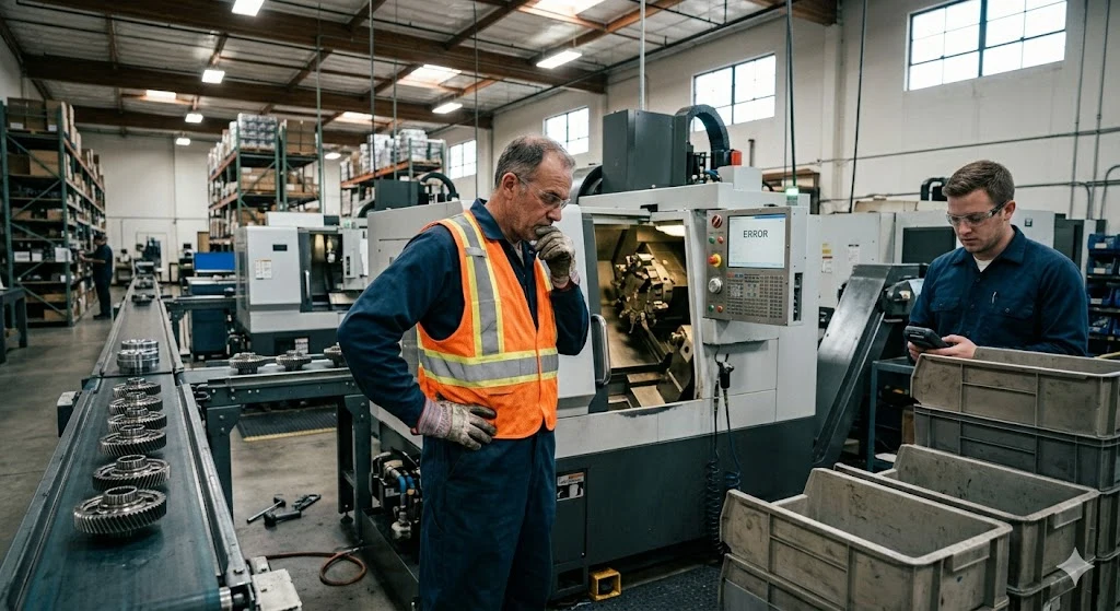 An engineer in a high-visibility vest beside machinery while a colleague works at a bench