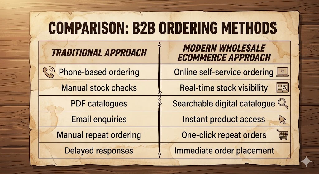 Traditional B2B ordering by phone, PDF and email set against online self-service with live stock and one-click reorders