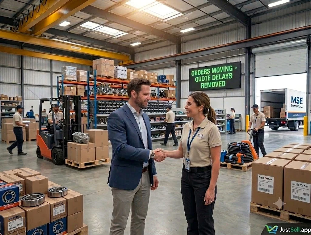 A distributor and a customer shaking hands in a parts warehouse as an order is loaded