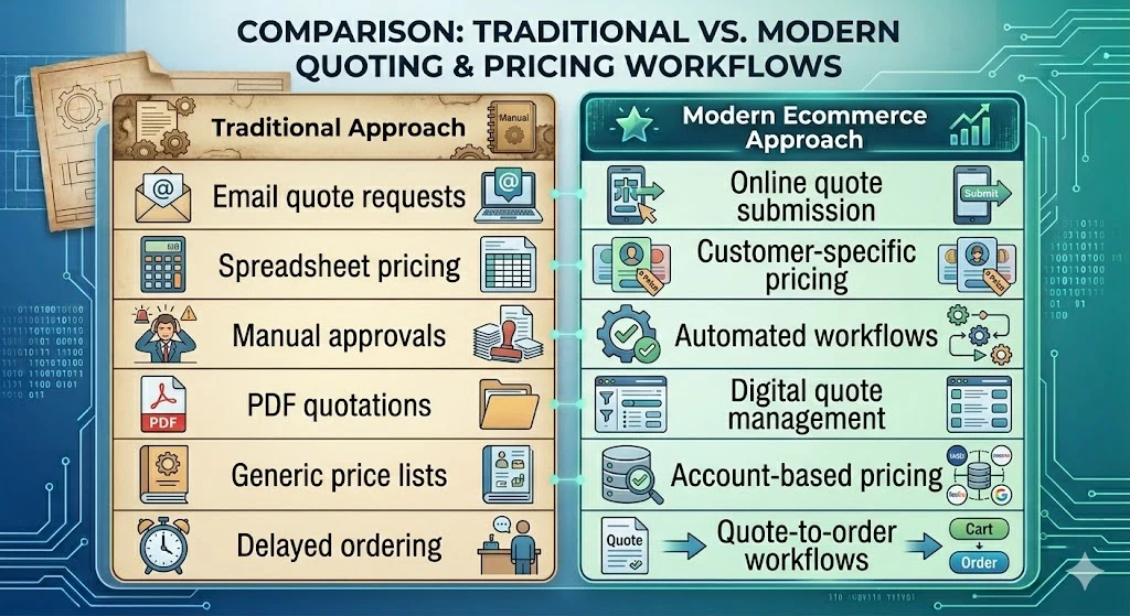 Traditional quoting by email and spreadsheet set against online submission, automated workflows and quote-to-order