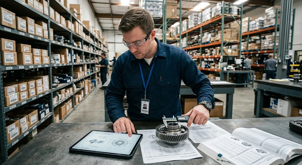 An engineer examining a component at a bench beside a tablet and technical drawings