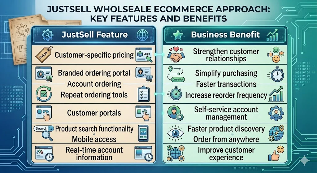 JustSell features for parts distributors and the benefit of each, from customer-specific pricing to mobile access