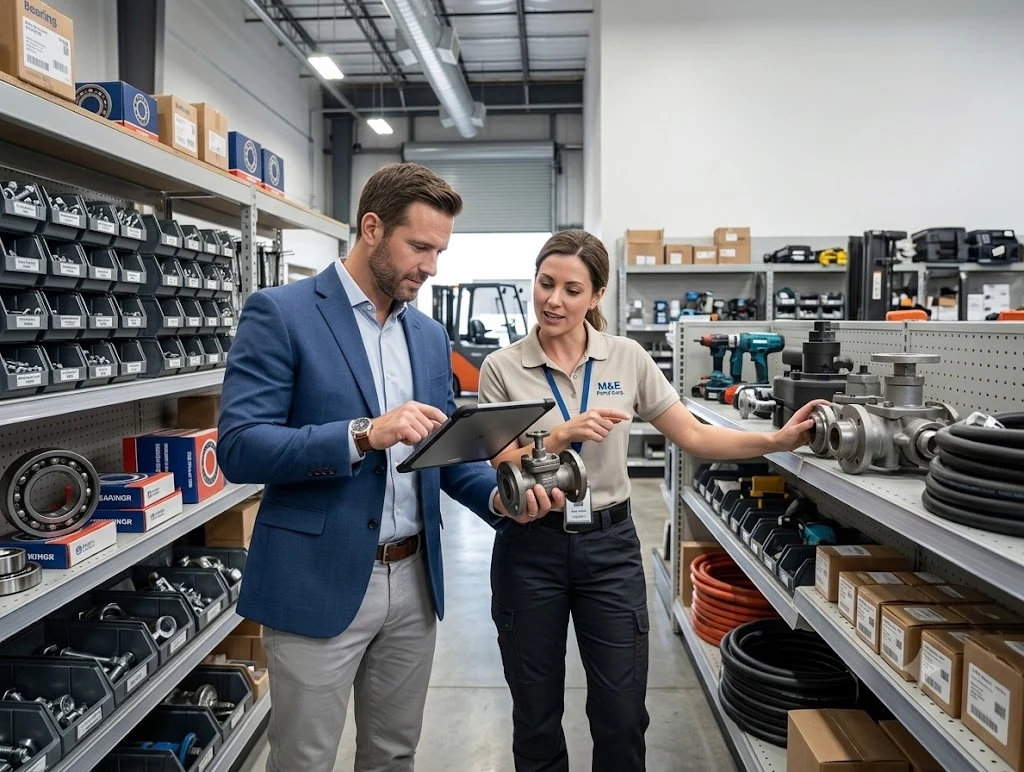 A sales rep and a buyer reviewing a tablet together in an engineering parts store