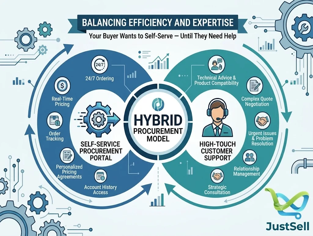 A hybrid procurement model balancing a self-service portal on one side with high-touch customer support on the other