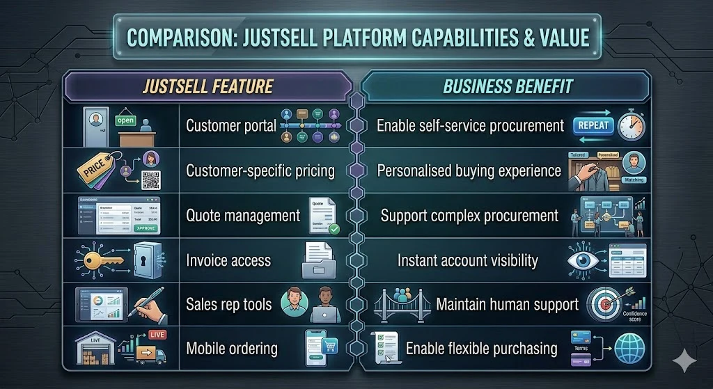Six JustSell platform capabilities and the value of each, from a customer portal to mobile ordering