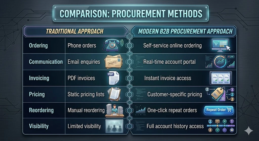 Traditional procurement by phone, email and PDF set against self-service ordering with a real-time account portal