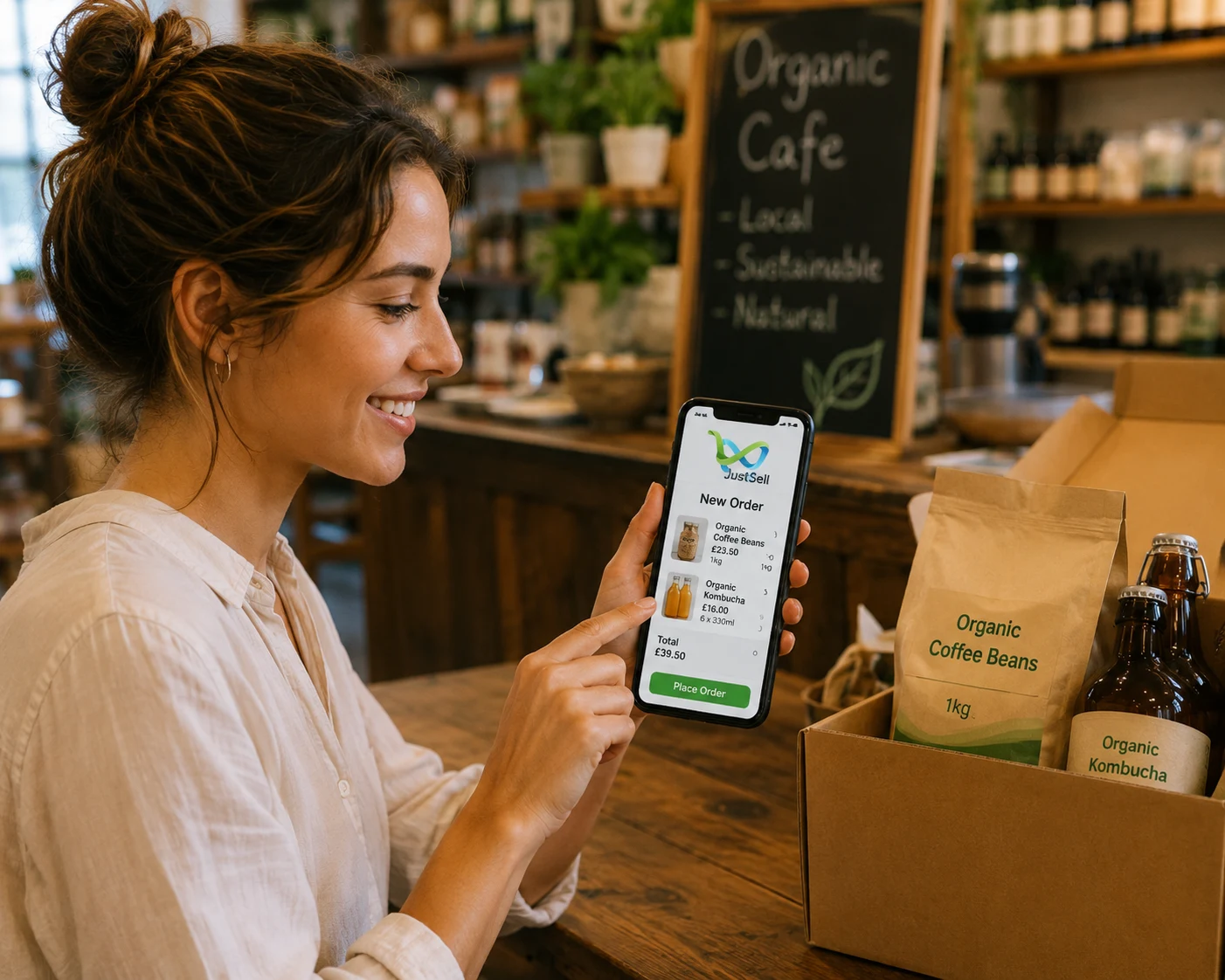 A retailer placing a reorder on her phone beside shelves of organic coffee and kombucha