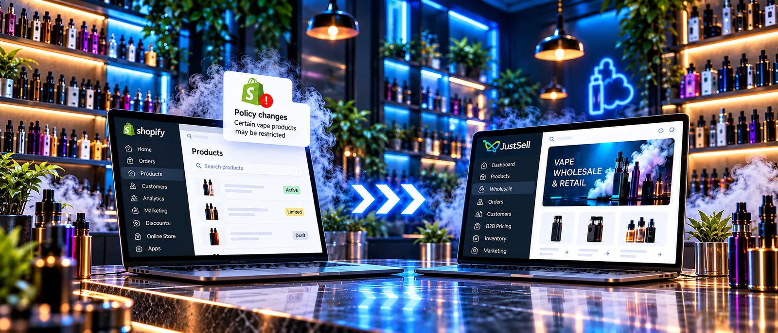 Two laptops on the counter of a vape shop: a Shopify admin showing a vape product list and a policy changes notice reading “Certain vape products may be restricted”, with arrows pointing across to a JustSell dashboard showing a vape wholesale and retail store