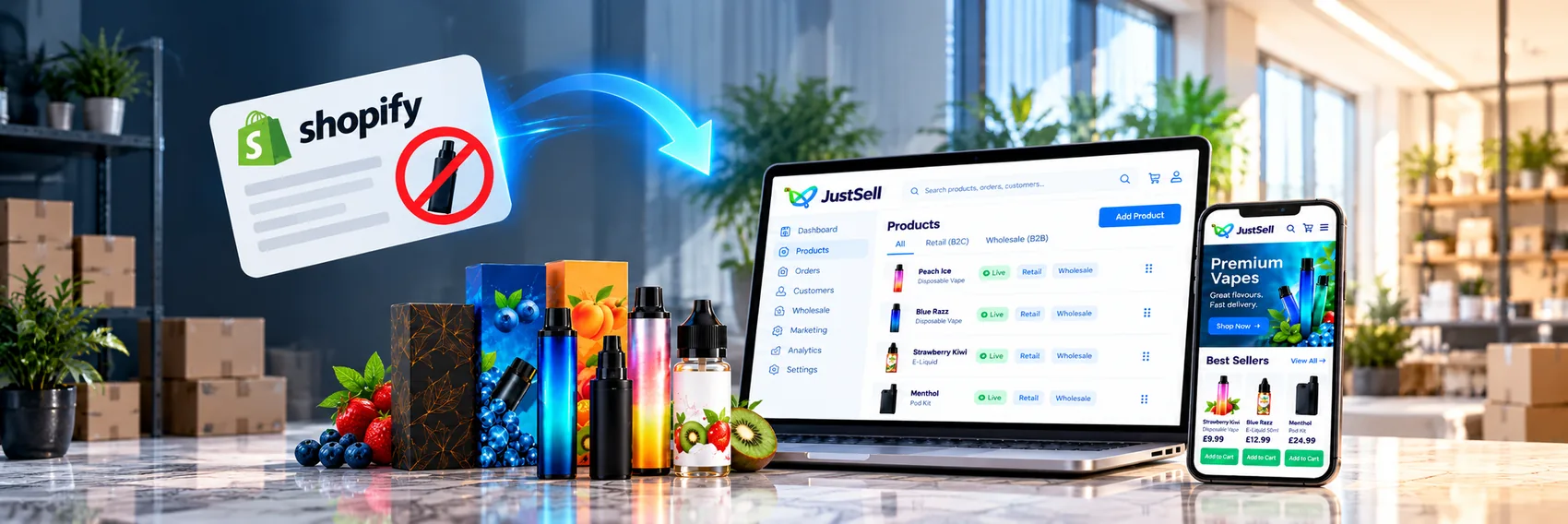 A Shopify notice with a crossed-out vape symbol, and an arrow pointing across to a JustSell products screen on a laptop listing disposable vapes, e-liquid and a pod kit as live on both retail and wholesale, beside a phone showing the storefront and best sellers