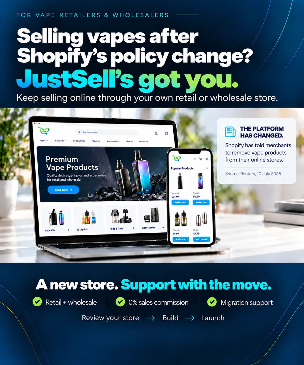 Selling vapes after Shopify’s policy change? JustSell’s got you. Keep selling online through your own retail or wholesale store. A new store, support with the move: retail and wholesale, 0% sales commission, migration support. Review your store, build, launch.