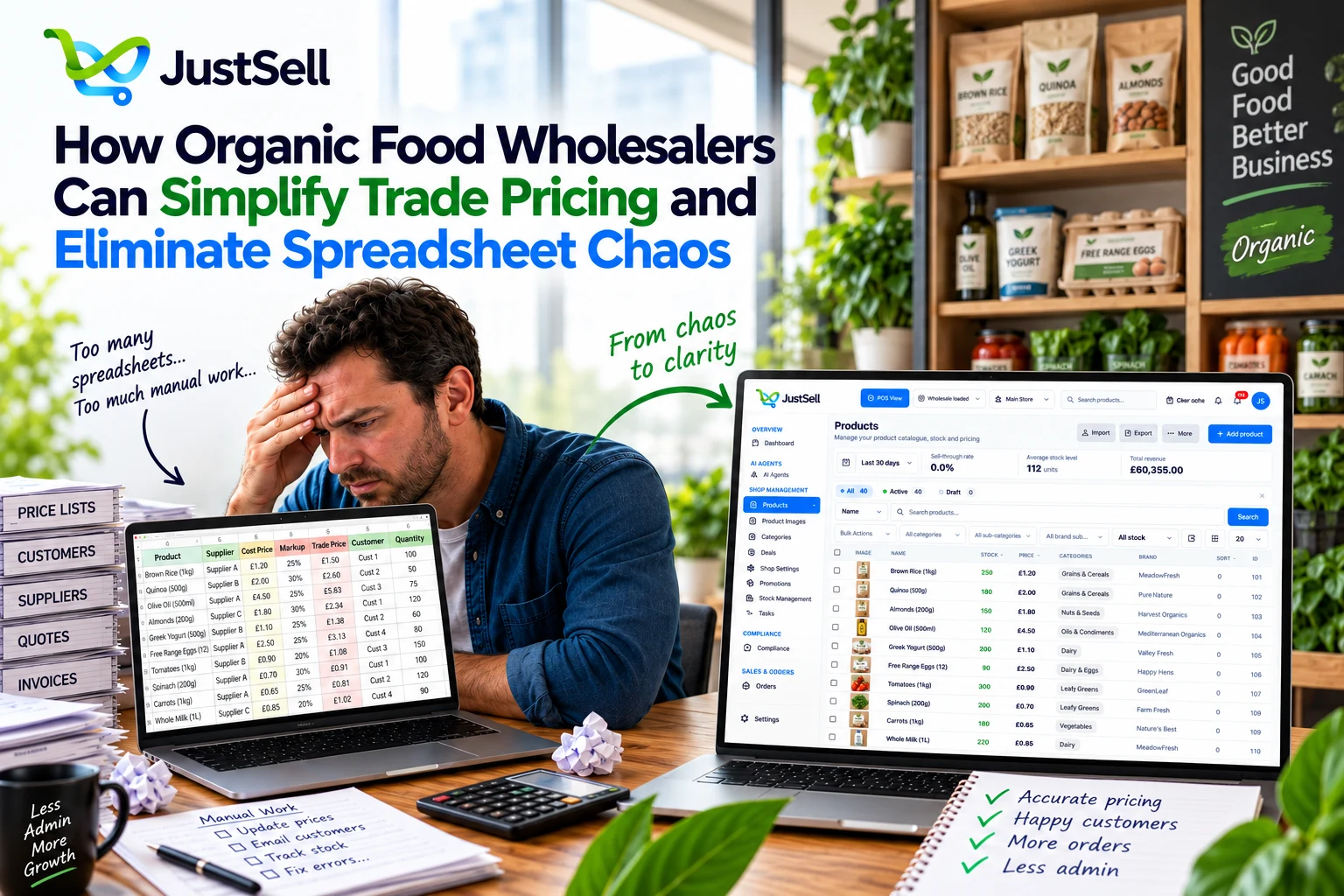 A cluttered pricing spreadsheet on one laptop beside the JustSell product catalogue on another, captioned from chaos to clarity