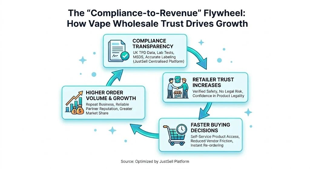 A flywheel turning compliance transparency into retailer trust, faster buying decisions and higher order volume
