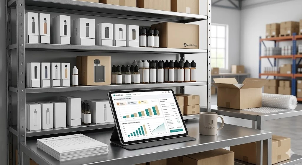 Shelves of boxed vape products beside a tablet showing product data
