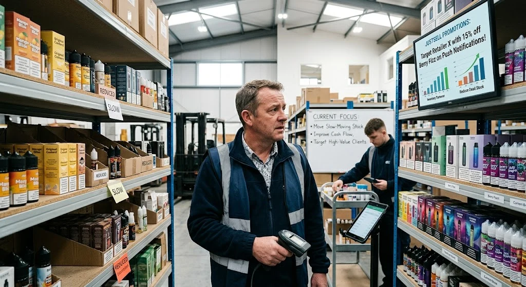A warehouse worker scanning stock in an aisle of vape products