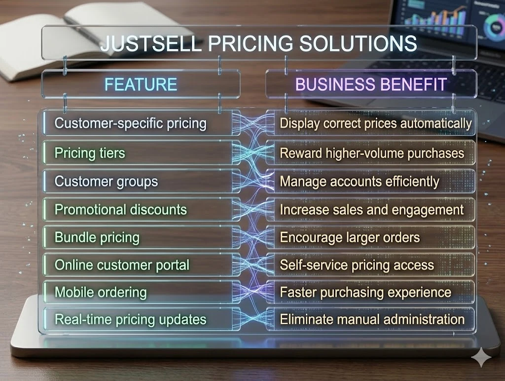 JustSell pricing features and the business benefit of each, from customer-specific pricing to mobile ordering