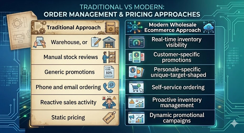Manual stock reviews and generic promotions set against real-time visibility and customer-specific offers
