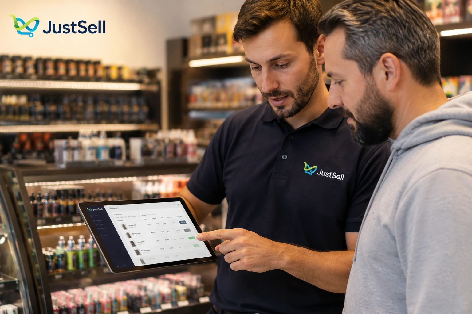 A sales rep showing live stock on a tablet to a customer in a vape shop