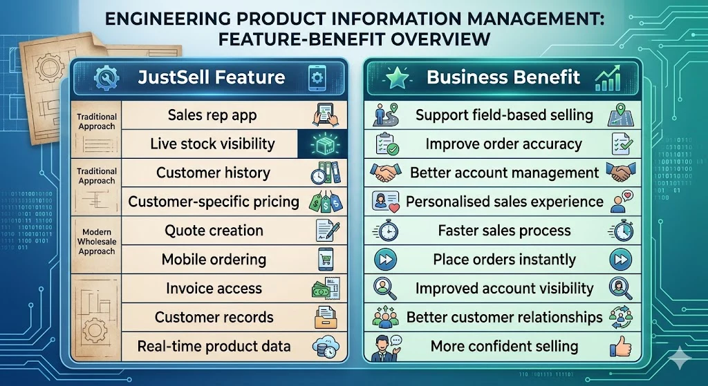 JustSell sales rep features and the benefit of each, from live stock visibility to real-time product data