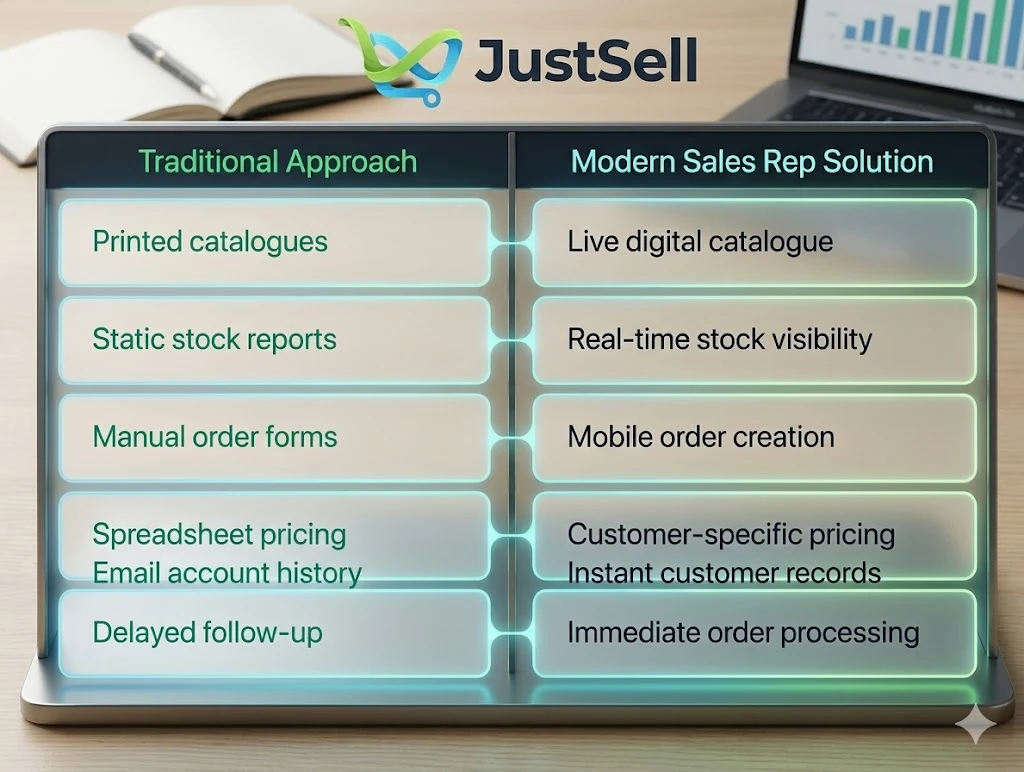 Printed catalogues, static stock reports and manual order forms set against a live catalogue and mobile ordering