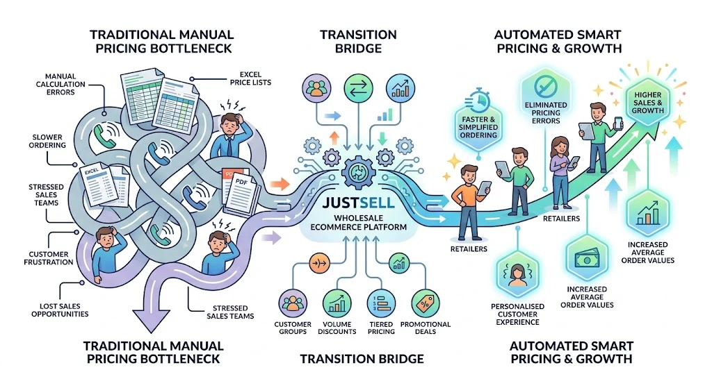 A manual pricing bottleneck passing through a transition bridge to automated pricing and growth
