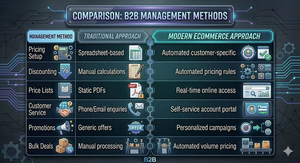 Spreadsheet pricing, manual discounts and generic offers set against automated rules and a self-service portal
