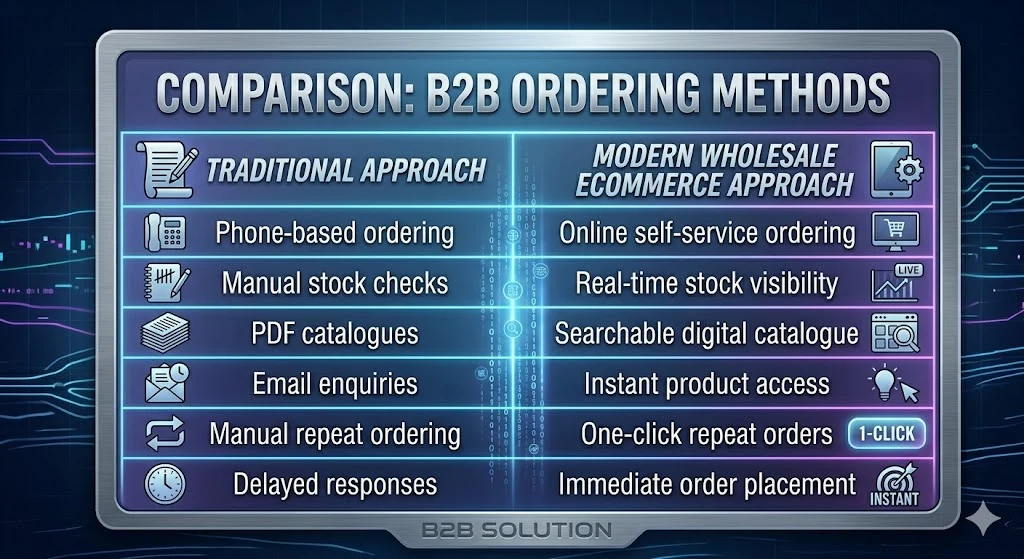 Phone orders, PDF catalogues and manual stock checks set against self-service ordering with one-click repeats
